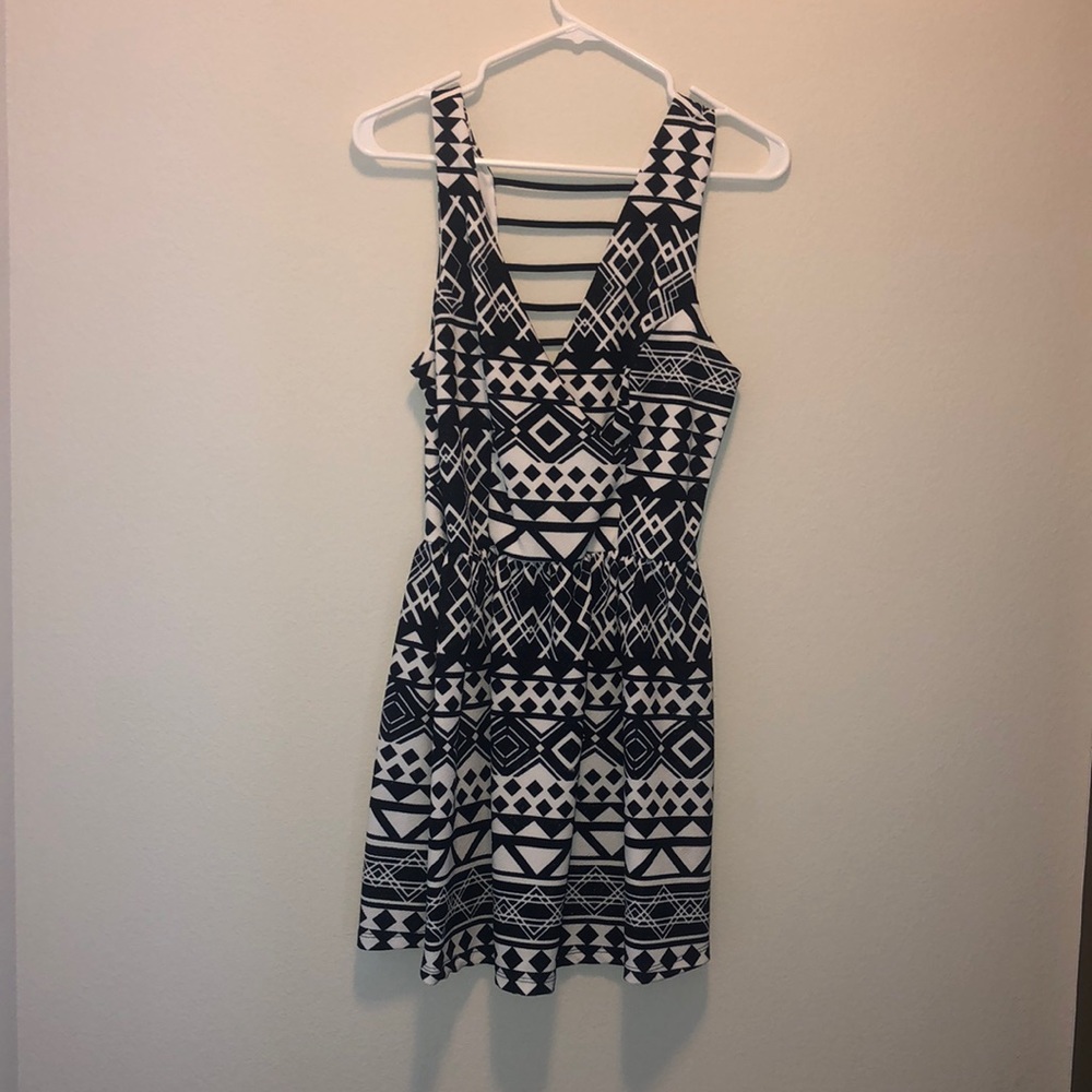 Navy and white geometric cocktail dress